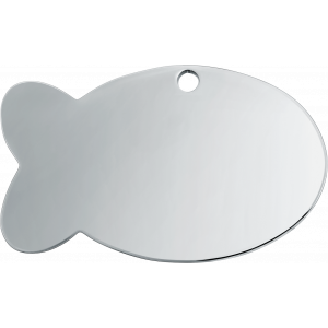 Fish shape Silver Tag Small silver fish-shaped pet tag, 30mm x 20mm, made from stainless steel with a top hole for attaching to a collar.