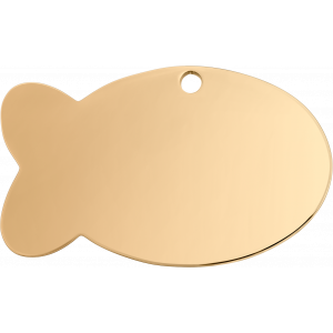 Fish shape Gold Tag Gold fish-shaped stainless steel pet tag, 30mm x 20mm, with smooth finish and top hole for secure collar attachment.