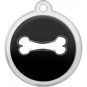 Bone Design Black Tag Black round stainless steel dog tag, 30mm x 33mm, with white bone design and top hole for collar attachment.