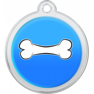 Bone Design Blue Tag Blue round stainless steel dog tag, 30mm x 33mm, with white bone design and top hole for collar attachment.
