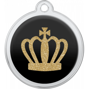 King Crown Design Black Black round stainless steel dog tag, 30mm x 33mm, with a glittery gold crown design and top hole for attaching to collar.