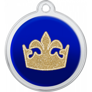 Blue round stainless steel dog tag, 30mm x 33mm, with gold glitter queen crown design and top hole for collar attachment.