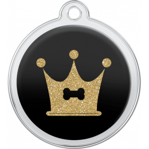 Black round stainless steel dog tag, 30mm x 33mm, with glittery gold crown and bone design, top hole for collar attachment.
