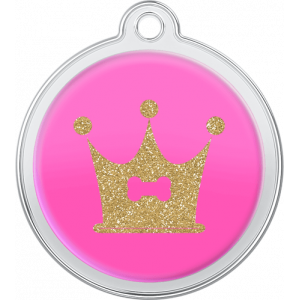 Bone Crown Design Pink Pink round stainless steel dog tag, 30mm x 33mm, with glittery gold crown and bone design, top hole for collar attachment.
