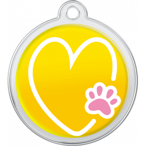 Heart-Paw Design Yellow Yellow round stainless steel dog tag, 30mm x 33mm, with white heart and pink paw print design, hole for collar attachment.