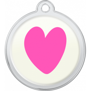 Heart Design Pink White round stainless steel dog tag, 30mm x 33mm, with large pink heart design and top hole for collar attachment.
