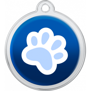 Paw Design Blue Blue round stainless steel dog tag, 30mm x 33mm, with white and light blue paw print and top hole for easy collar attachment.