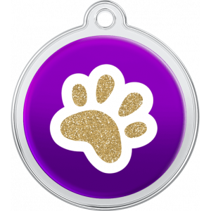 Purple round stainless steel dog tag, 30mm x 33mm, with glittery gold paw print, and top hole for easy collar attachment.
