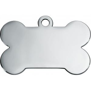 Silver bone-shaped stainless steel dog tag with polished mirror finish, customisable with engraved text on both sides.