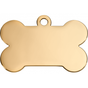 Gold bone-shaped stainless steel dog tag with smooth polished finish, ideal for engraved custom dog details on both sides.