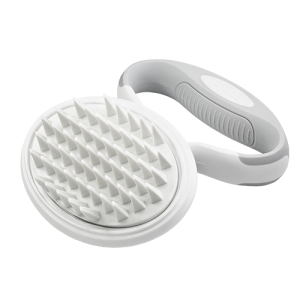 Relaxing Dog Grooming Brush with Handle Detachable dog grooming brush with soft bristle pad and grey handle, ideal for removing loose fur and massaging the coat.