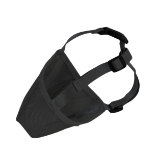 Black ultra-breathable nylon dog muzzle with adjustable straps and soft mesh, designed for safe control.