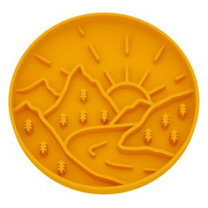 Silicone Slow Feeder Dog Bowl - Perfect for Treats & Meals Yellow silicone slow feeder dog bowl with mountain and sun design, made to promote healthy eating habits.