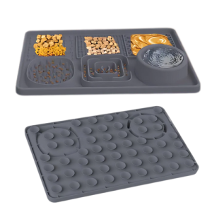 4-in-1 Multifunctional Dog Lick Mat - Reduce Boredom with Slow Feeder & Licking Zones Grey 4-in-1 multifunctional dog mat with textured treat zones and suction cups on the back for secure surface grip.