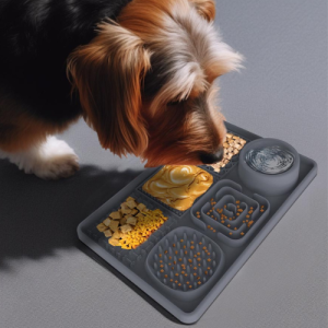 4-in-1 Multifunctional Dog Lick Mat - Reduce Boredom with Slow Feeder & Licking Zones Dog eating from grey slow feeder lick mat with peanut butter, treats, and textured sections to slow eating.