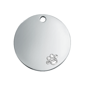 Luxury silver round dog tag with crystal paw detail, stainless steel, engraved both sides with name, address and contact info.