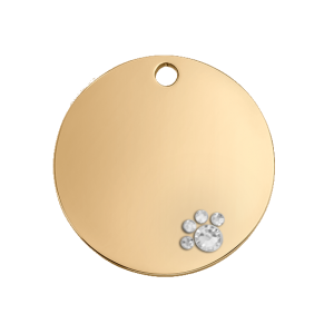 Luxury gold round dog tag with crystal paw detail, stainless steel, engraved both sides with name, address and contact info.