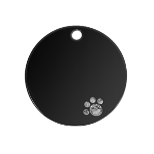 Luxury black round dog tag with crystal paw detail, stainless steel, engraved both sides with name, address and contact info.