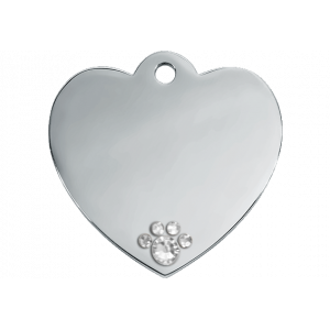 Luxury silver heart dog tag with crystal paw detail, stainless steel, engraved both sides with name, address and contact info.