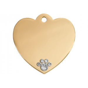 Luxury gold heart dog tag with crystal paw detail, stainless steel, engraved both sides with name, address and contact info.
