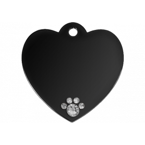Luxury black heart dog tag with crystal paw detail, stainless steel, engraved both sides with name, address and contact info.